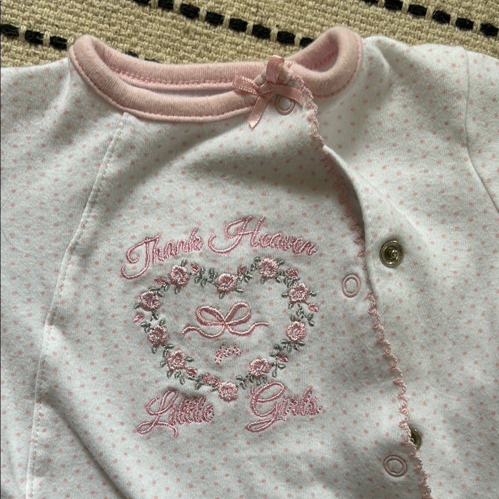 Bow onesie “Thank Heaven for Little Girls” with pink polka dots